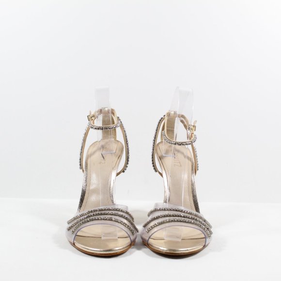Schutz Rowena Crystal-Embellished Leather Sandal - Champagne 11B - Picture 3 of 5